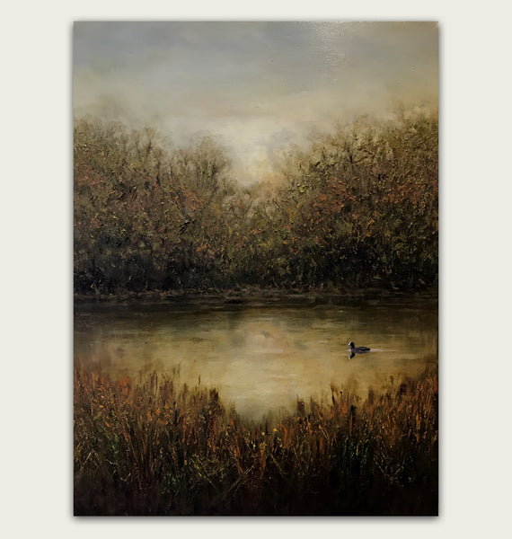 'Penpont Pond at dusk oil painting by artist simon royer.'