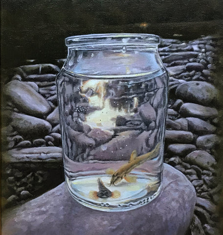 Oil painting of "fish in a jar"  by artist simon royer.