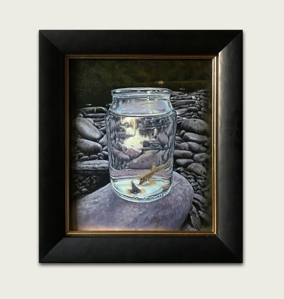 Framed oil painting of "fish in a jar" from the River Usk by artist simon royer.
