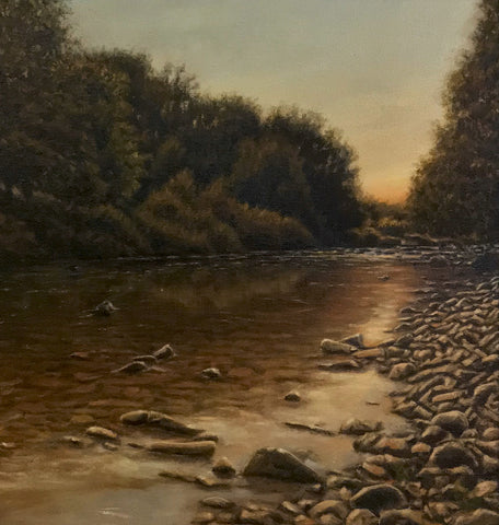 Oil painting of Dippers & Mayfly on the River Usk by artist simon royer.
