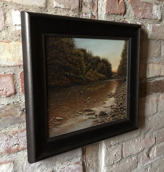 Framed oil painting of Dippers & Mayfly on the River Usk by artist simon royer.