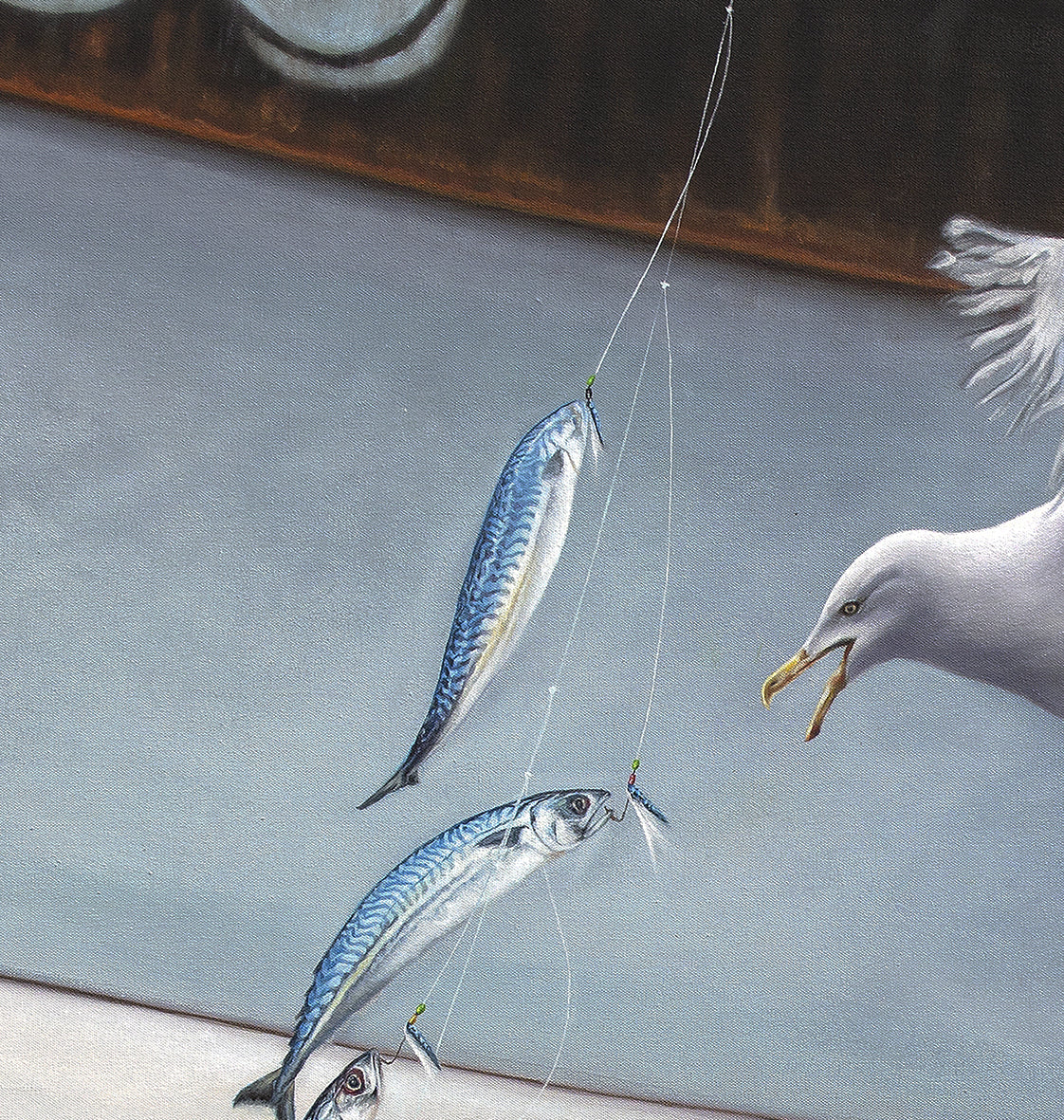 'Mackerel Fish and Gull fishing off a trawler oil painting by artist simon royer.'