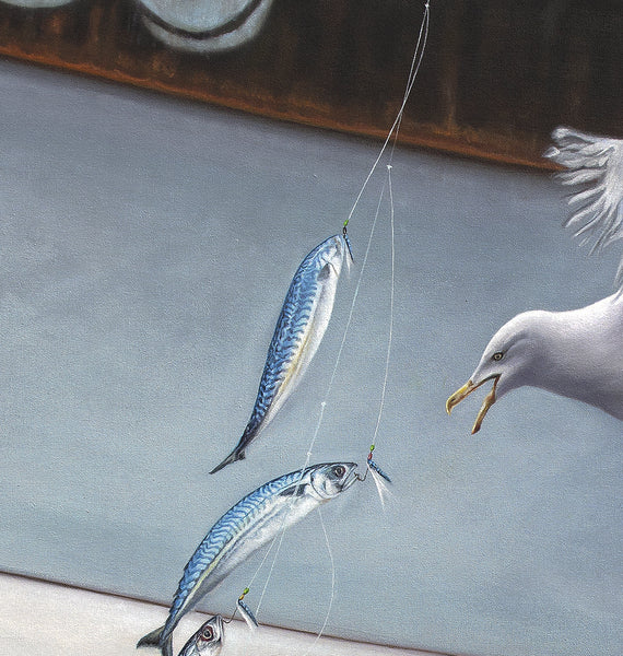 'Mackerel Fish and Gull fishing off a trawler oil painting by artist simon royer.'
