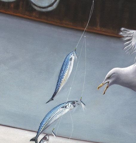 'Mackerel Fish and Gull fishing off a trawler oil painting by artist simon royer.'