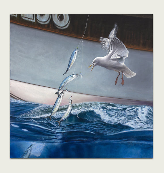 'Mackerel Fish and Gull fishing off a trawler oil painting by artist simon royer.'