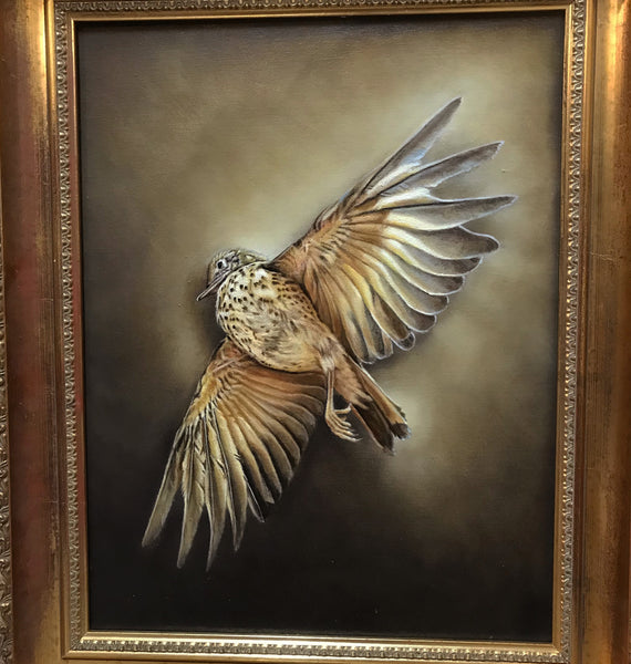'Song Thrush bird still life oil painting by artist simon royer.'